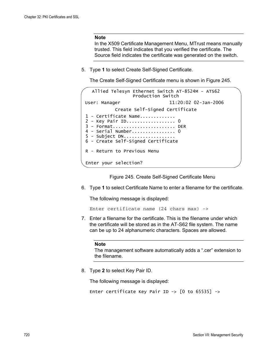 Figure 245: create self-signed certificate menu | Allied Telesis AT-S62 User Manual | Page 720 / 822