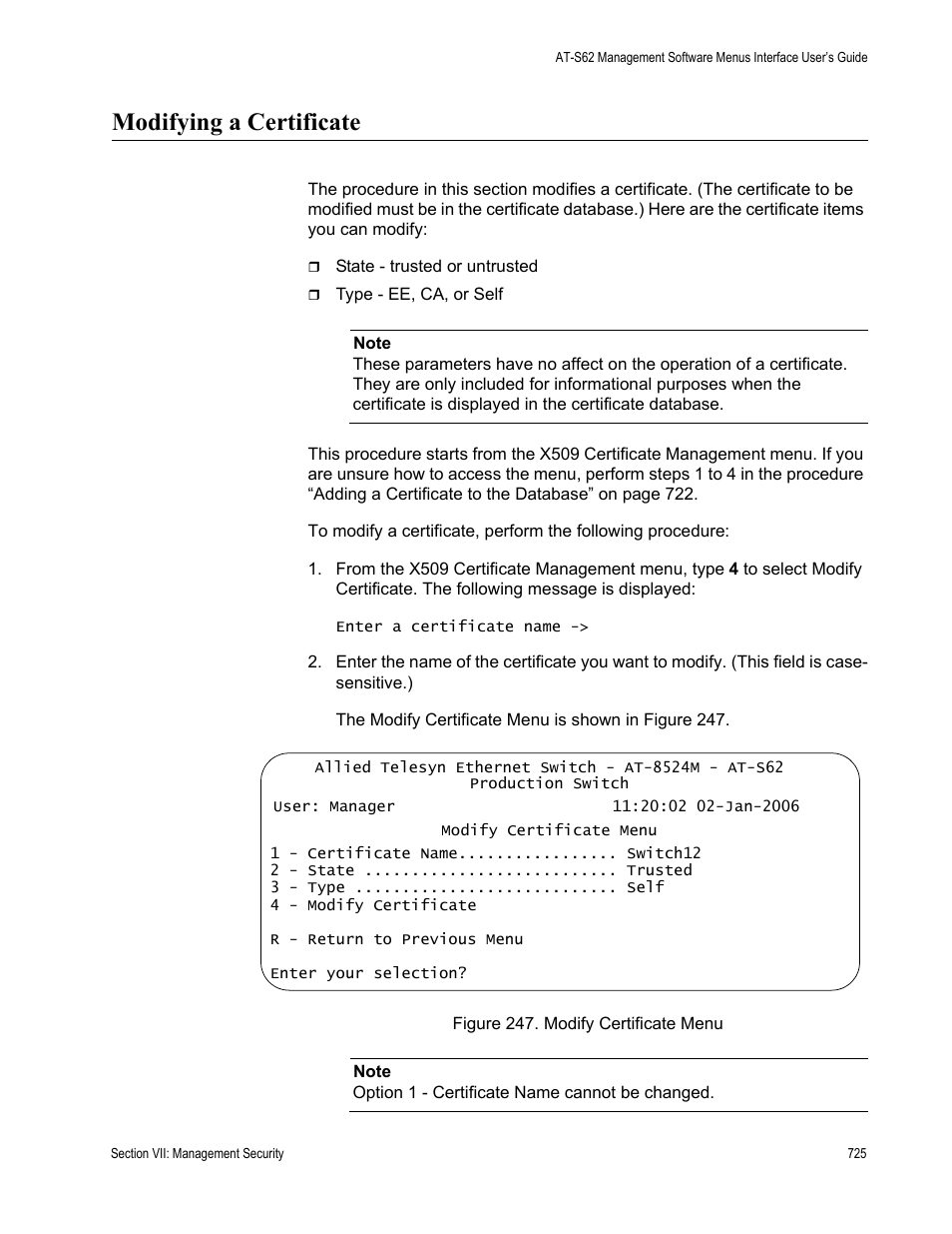 Modifying a certificate, Figure 247: modify certificate menu | Allied Telesis AT-S62 User Manual | Page 725 / 822