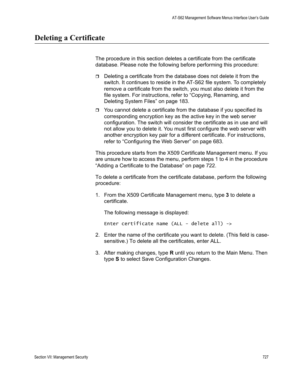 Deleting a certificate | Allied Telesis AT-S62 User Manual | Page 727 / 822