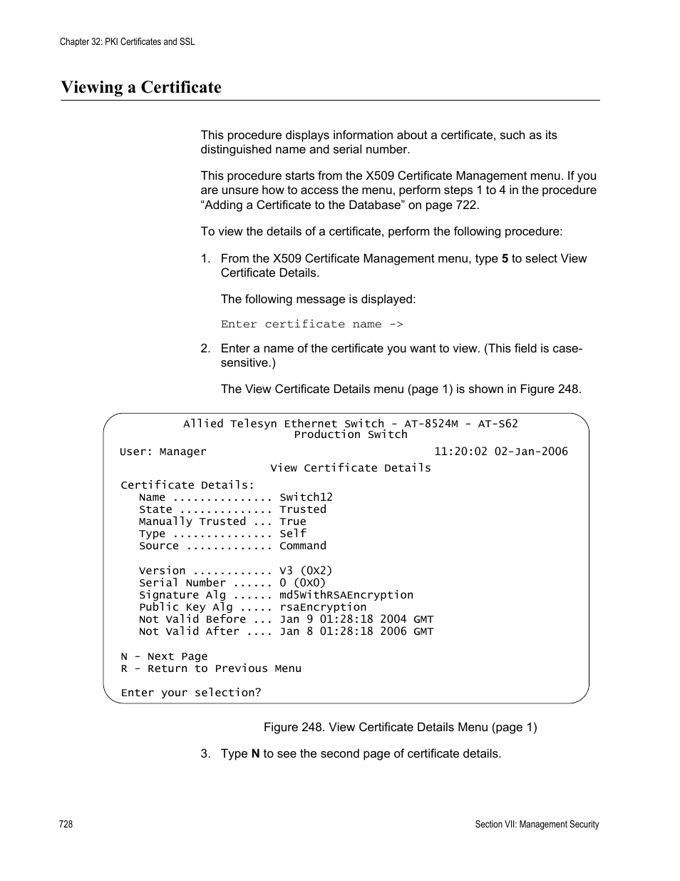 Viewing a certificate | Allied Telesis AT-S62 User Manual | Page 728 / 822