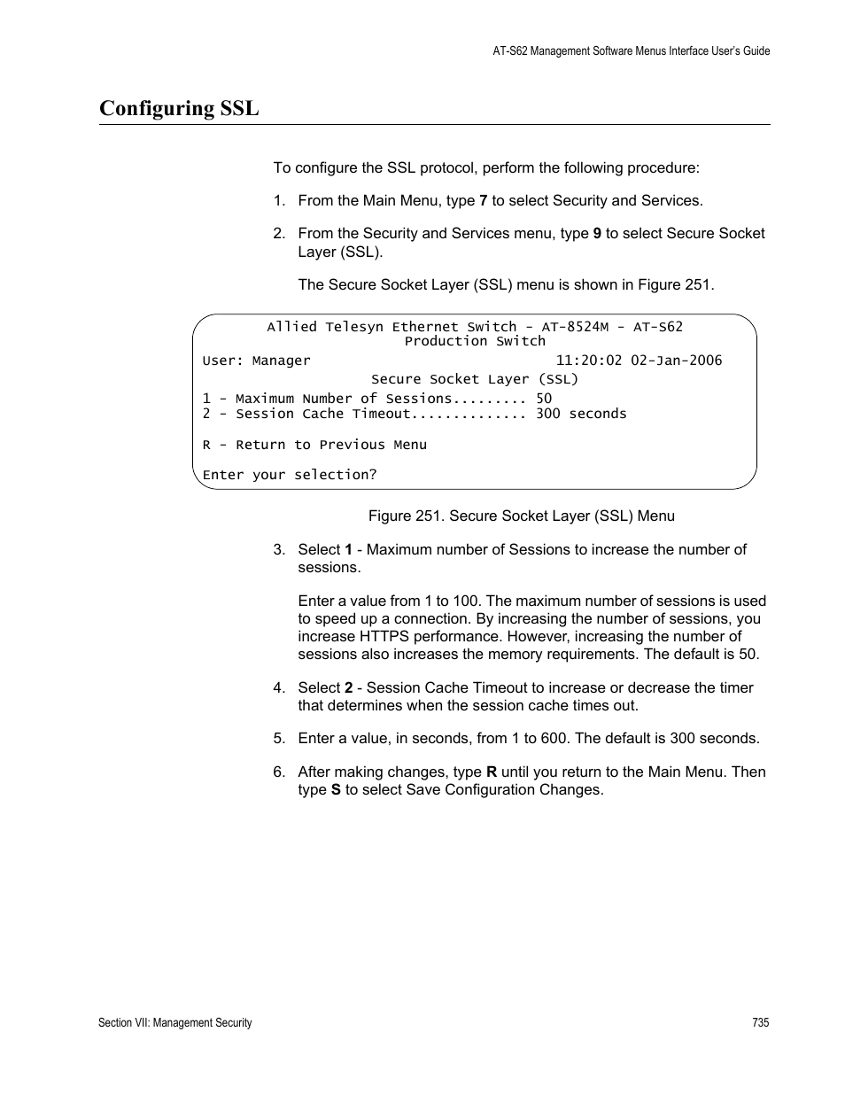 Configuring ssl, Figure 251: secure socket layer (ssl) menu | Allied Telesis AT-S62 User Manual | Page 735 / 822