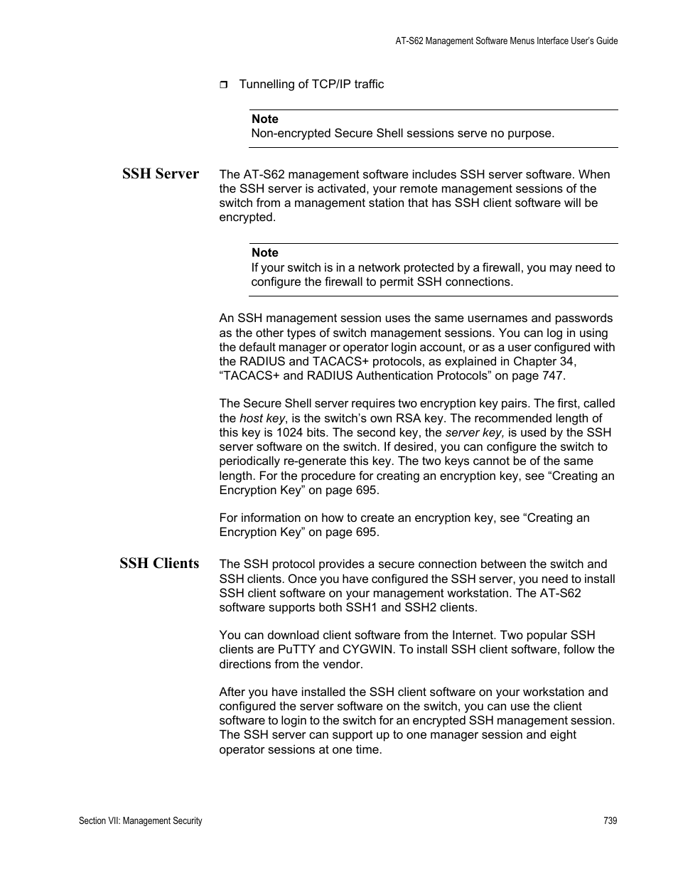 Ssh server, Ssh clients, Ssh server ssh clients | Allied Telesis AT-S62 User Manual | Page 739 / 822