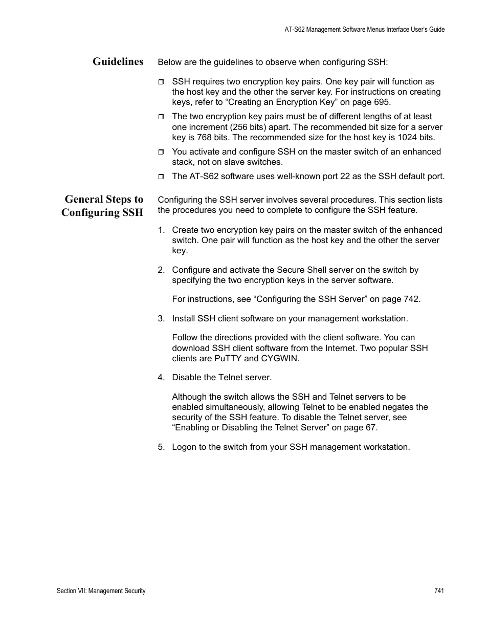 Guidelines, General steps to configuring ssh, Guidelines general steps to configuring ssh | Allied Telesis AT-S62 User Manual | Page 741 / 822