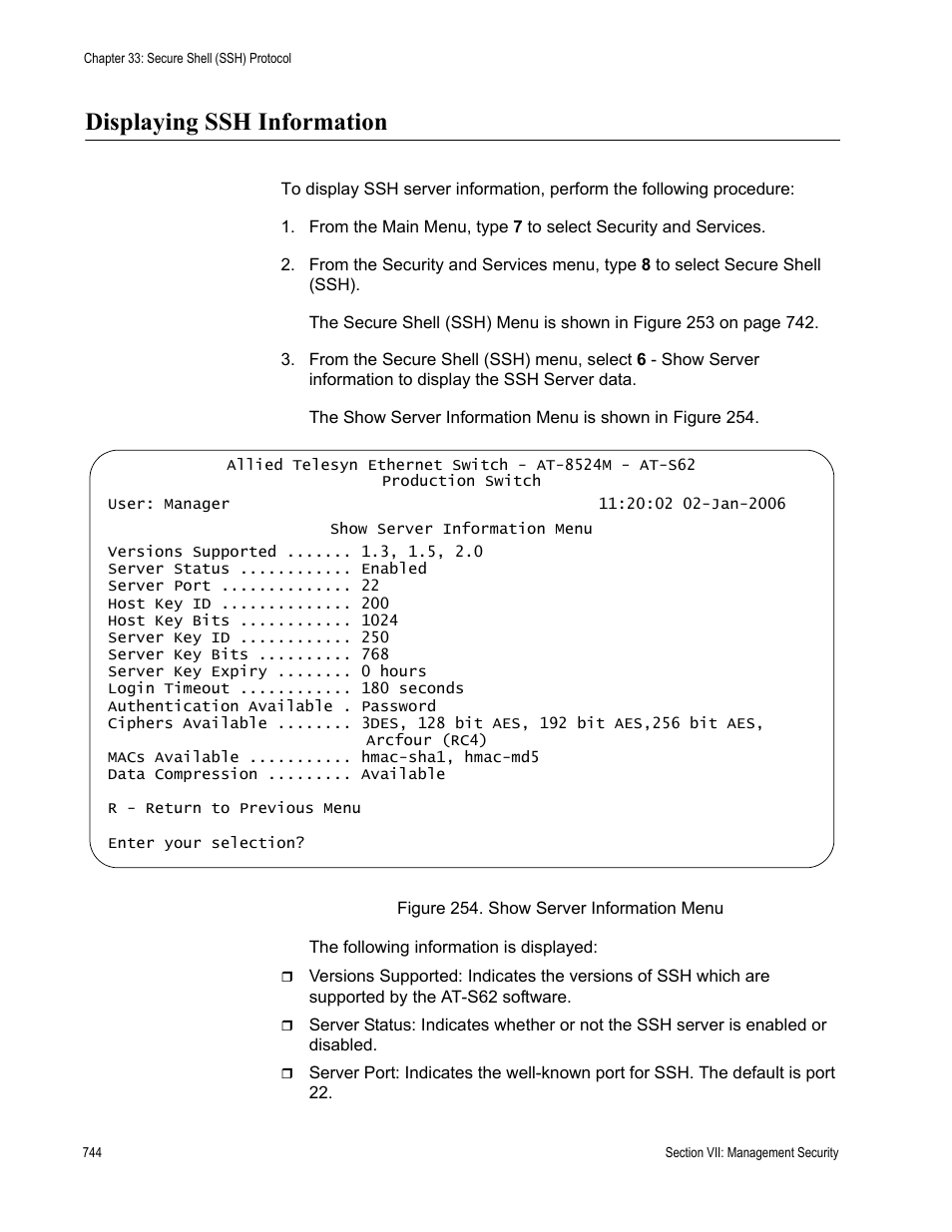 Displaying ssh information, Figure 254: show server information menu | Allied Telesis AT-S62 User Manual | Page 744 / 822