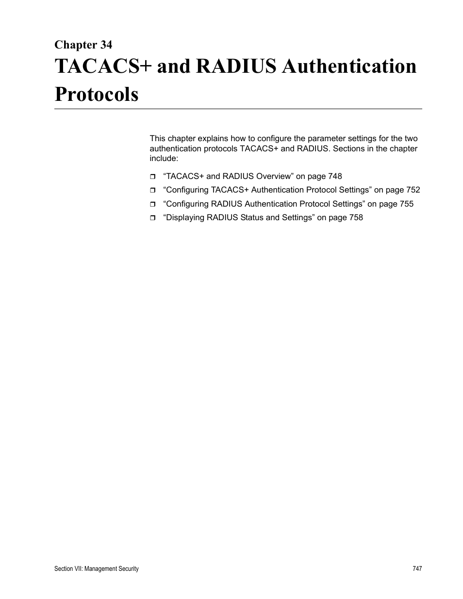 Chapter 34, Tacacs+ and radius authentication protocols | Allied Telesis AT-S62 User Manual | Page 747 / 822