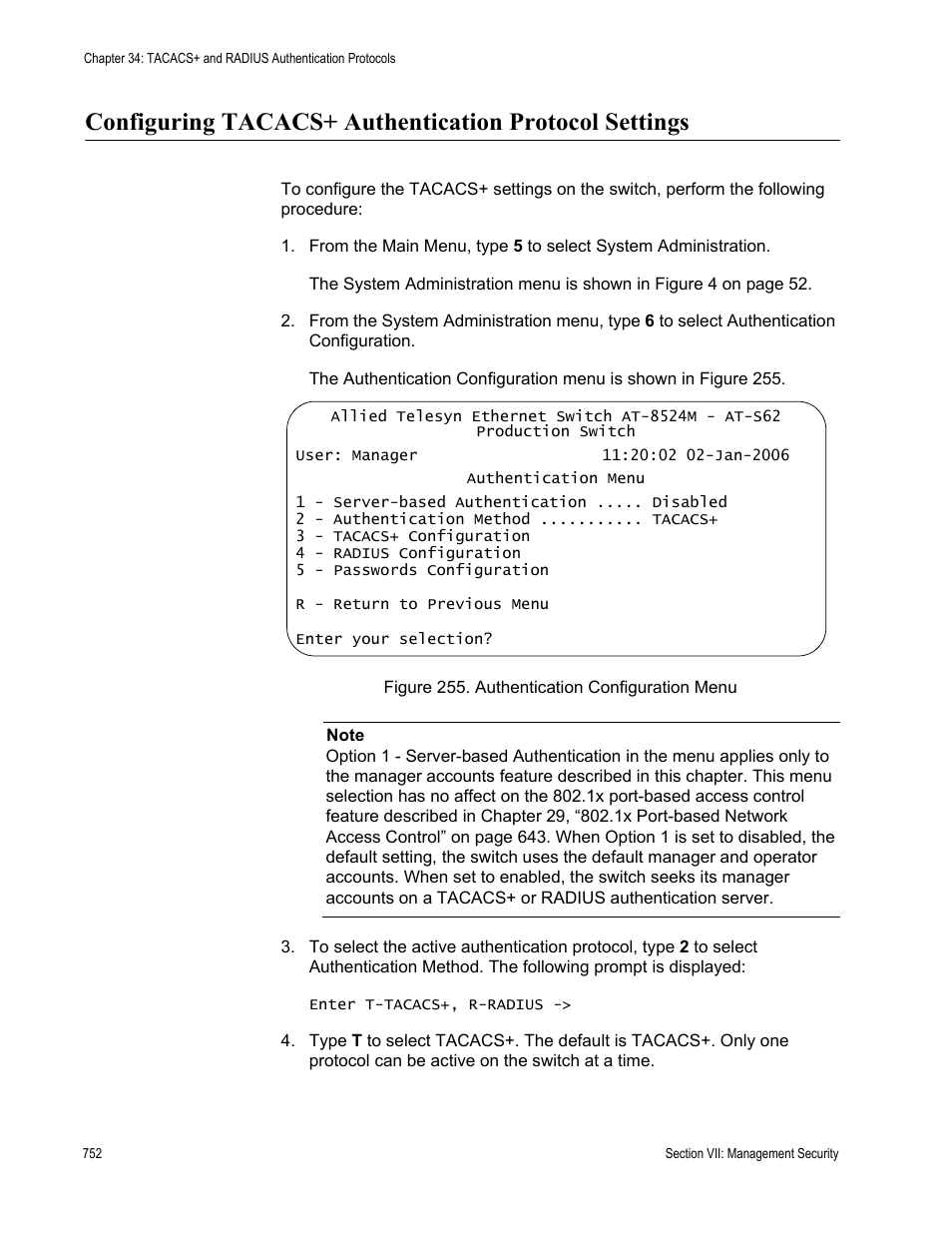 Figure 255: authentication configuration menu | Allied Telesis AT-S62 User Manual | Page 752 / 822