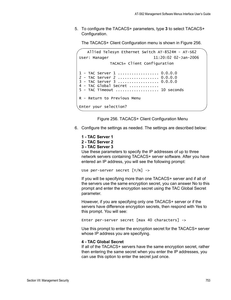 Figure 256: tacacs+ client configuration menu | Allied Telesis AT-S62 User Manual | Page 753 / 822