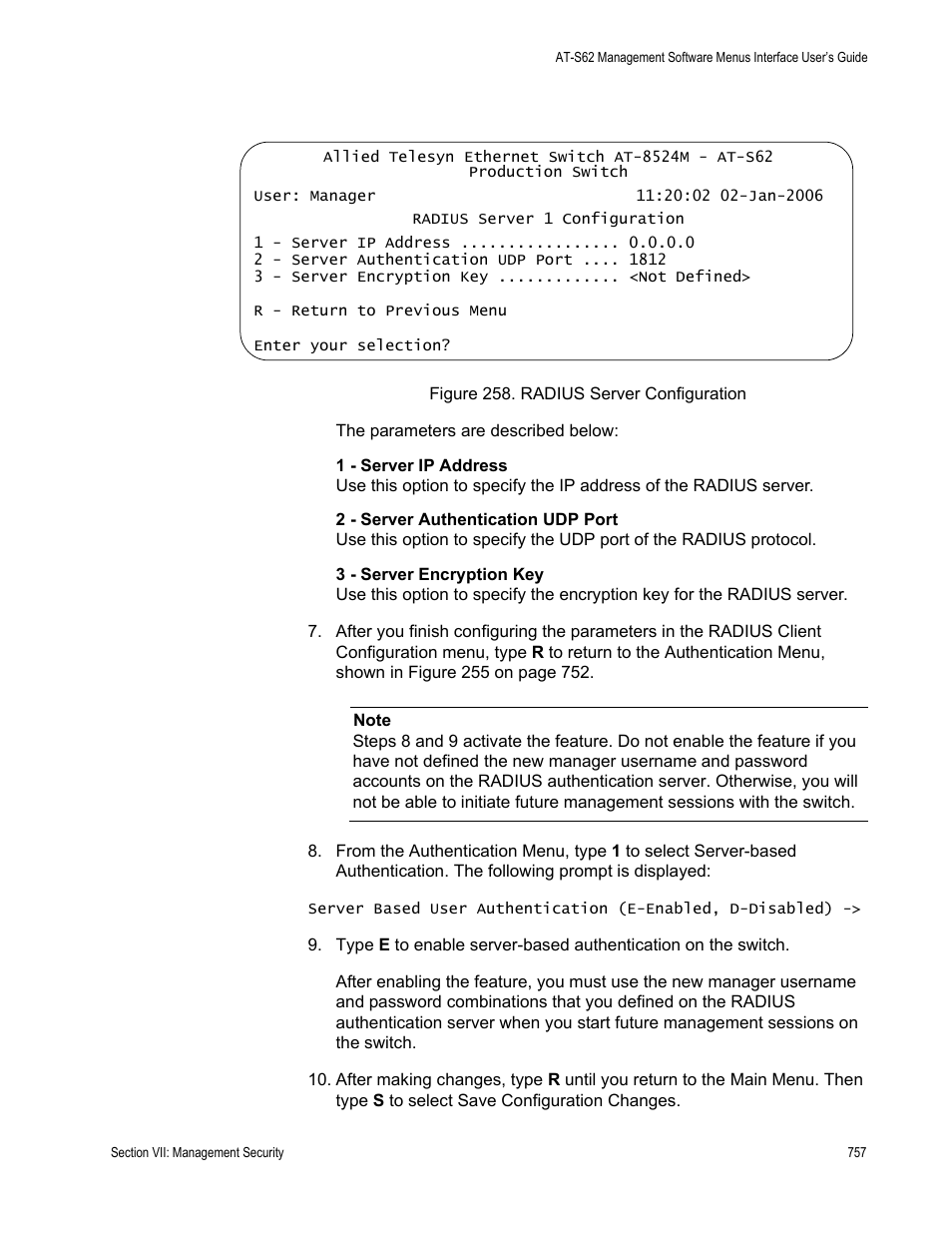 Figure 258: radius server configuration | Allied Telesis AT-S62 User Manual | Page 757 / 822