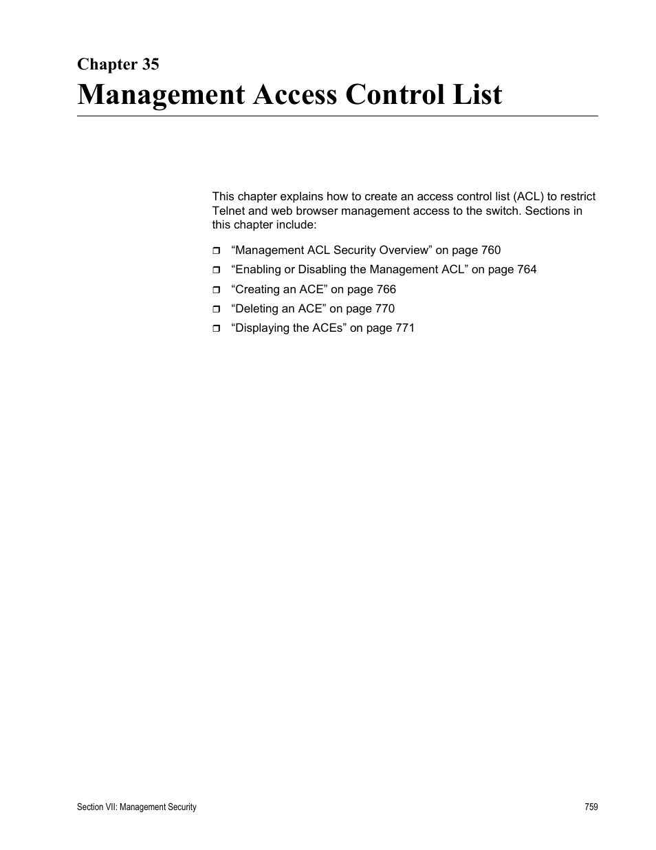 Chapter 35, Management access control list, Chapter 35: management access control list | Allied Telesis AT-S62 User Manual | Page 759 / 822