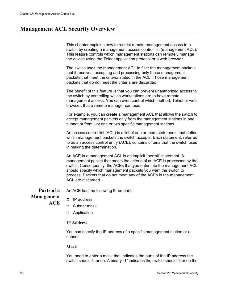Management acl security overview, Parts of a management ace | Allied Telesis AT-S62 User Manual | Page 760 / 822
