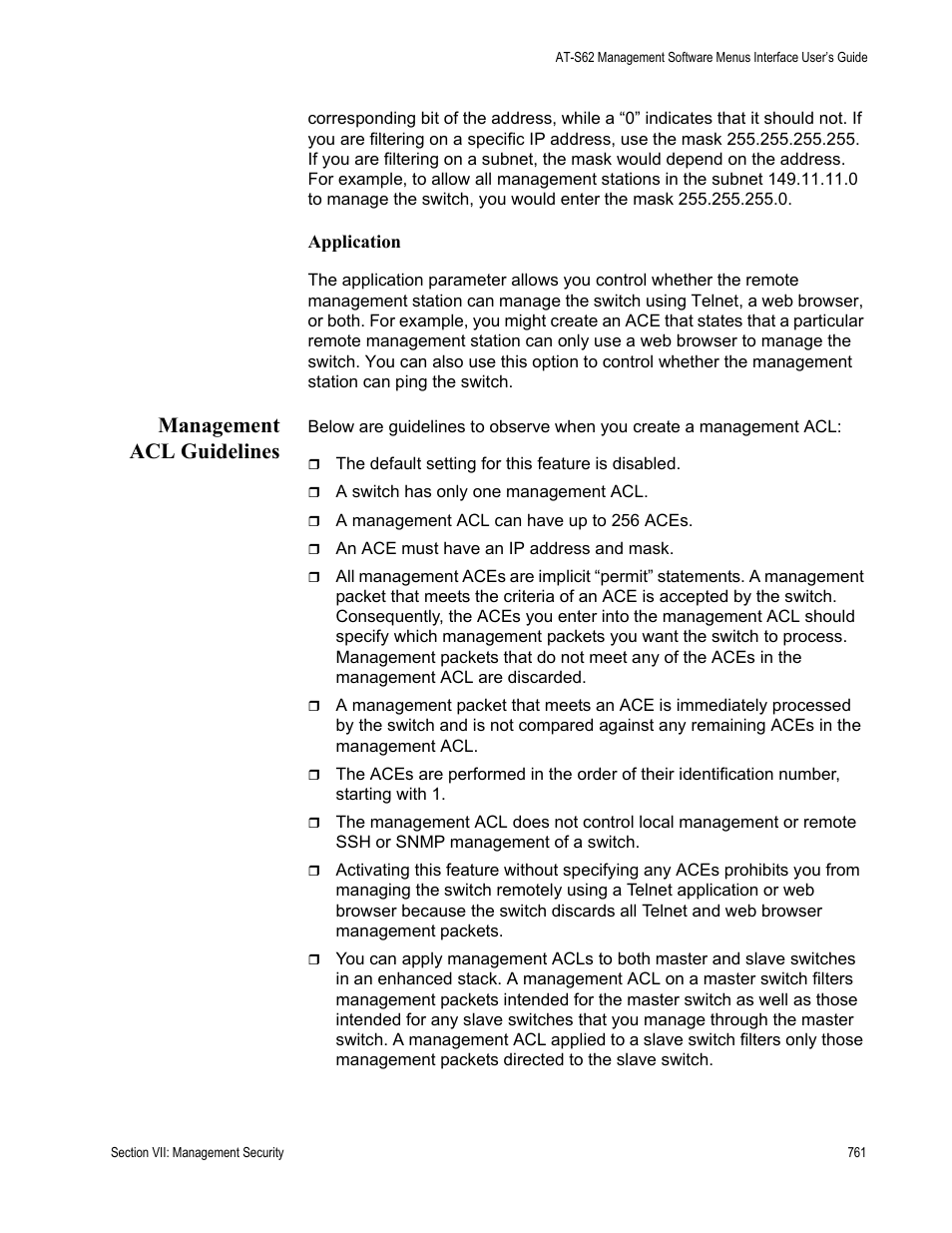 Management acl guidelines | Allied Telesis AT-S62 User Manual | Page 761 / 822