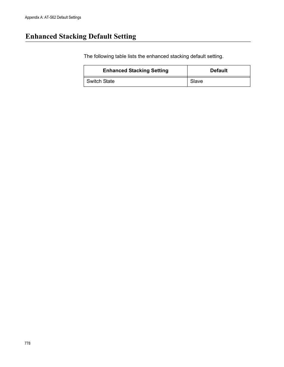 Enhanced stacking default setting | Allied Telesis AT-S62 User Manual | Page 778 / 822