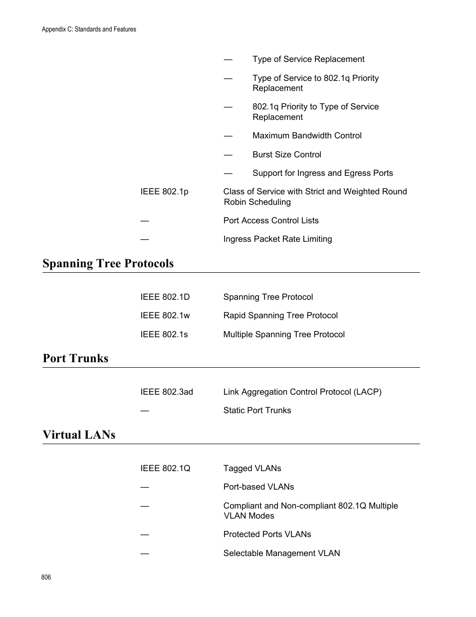 Spanning tree protocols, Port trunks, Virtual lans | Spanning tree protocols port trunks virtual lans | Allied Telesis AT-S62 User Manual | Page 806 / 822