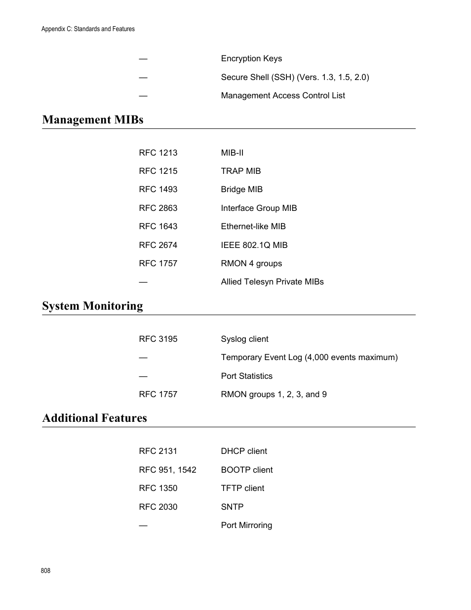 Management mibs, System monitoring, Additional features | Allied Telesis AT-S62 User Manual | Page 808 / 822