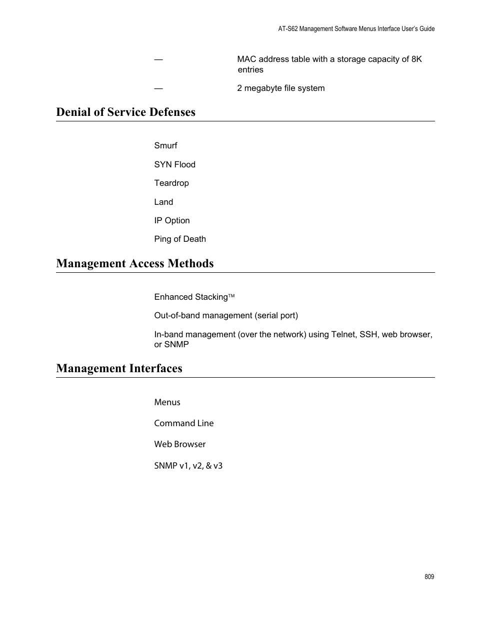 Denial of service defenses, Management access methods, Management interfaces | Allied Telesis AT-S62 User Manual | Page 809 / 822