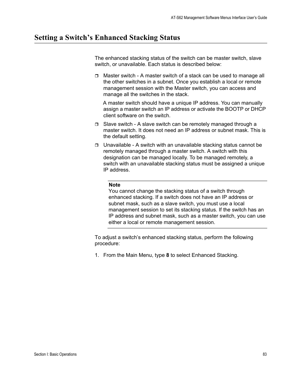 Setting a switch’s enhanced stacking status | Allied Telesis AT-S62 User Manual | Page 83 / 822