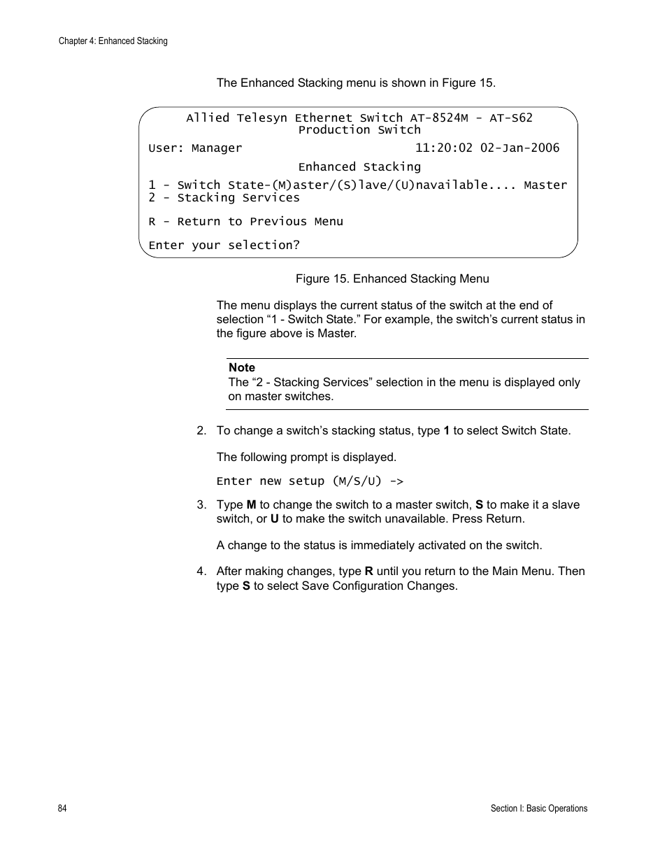 Figure 15: enhanced stacking menu | Allied Telesis AT-S62 User Manual | Page 84 / 822