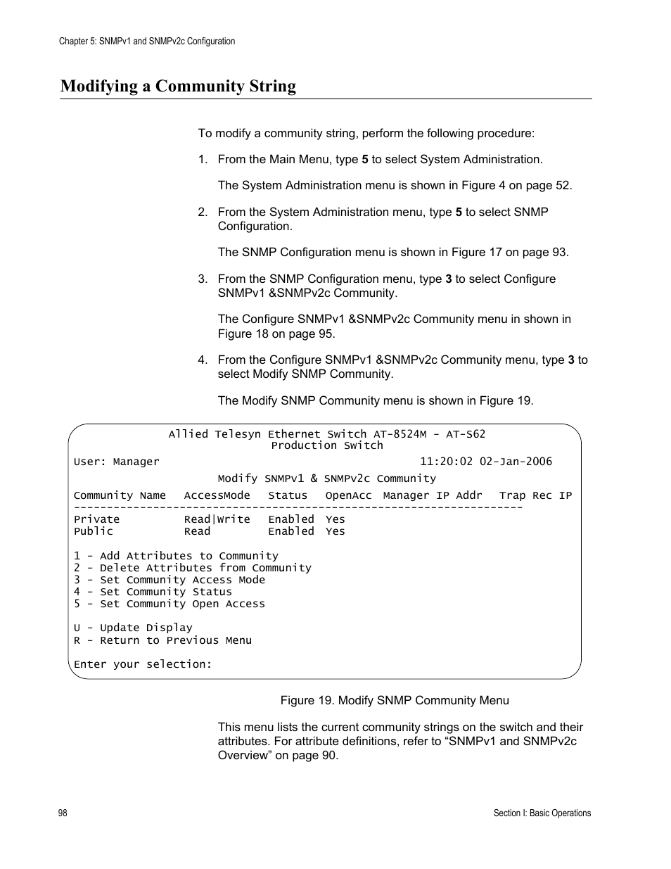 Modifying a community string, Figure 19: modify snmp community menu | Allied Telesis AT-S62 User Manual | Page 98 / 822