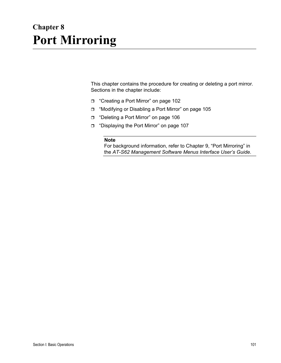 Chapter 8, Port mirroring, Chapter 8: port mirroring | Allied Telesis AT-S62 User Manual | Page 101 / 372