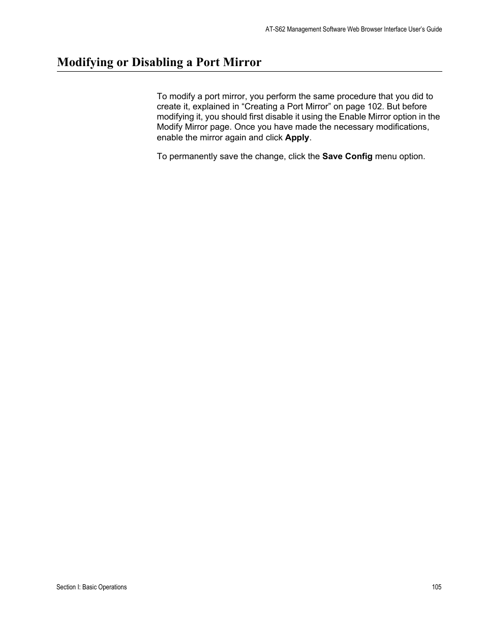 Modifying or disabling a port mirror | Allied Telesis AT-S62 User Manual | Page 105 / 372