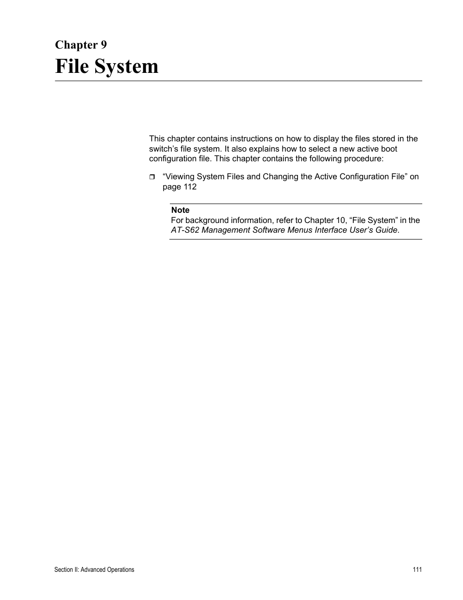 Chapter 9, File system, R 9: file system | Chapter 9: file system | Allied Telesis AT-S62 User Manual | Page 111 / 372