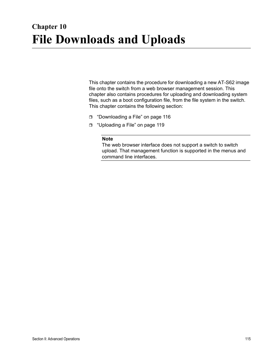 Chapter 10, File downloads and uploads, Chapter 10: file downloads and uploads | Allied Telesis AT-S62 User Manual | Page 115 / 372