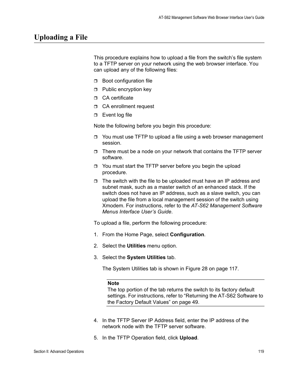 Uploading a file | Allied Telesis AT-S62 User Manual | Page 119 / 372