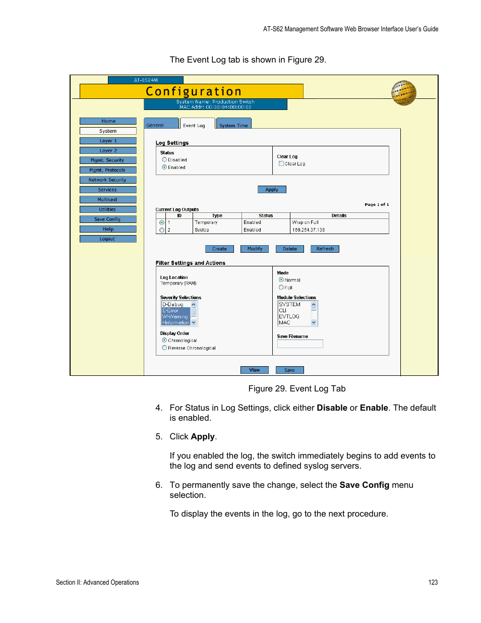 Figure 29: event log tab | Allied Telesis AT-S62 User Manual | Page 123 / 372