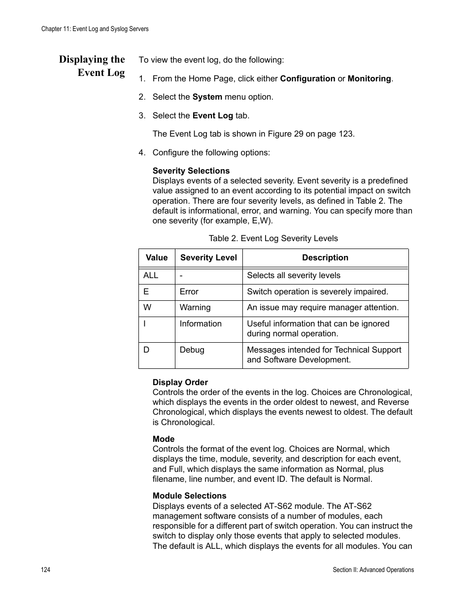 Displaying the event log | Allied Telesis AT-S62 User Manual | Page 124 / 372