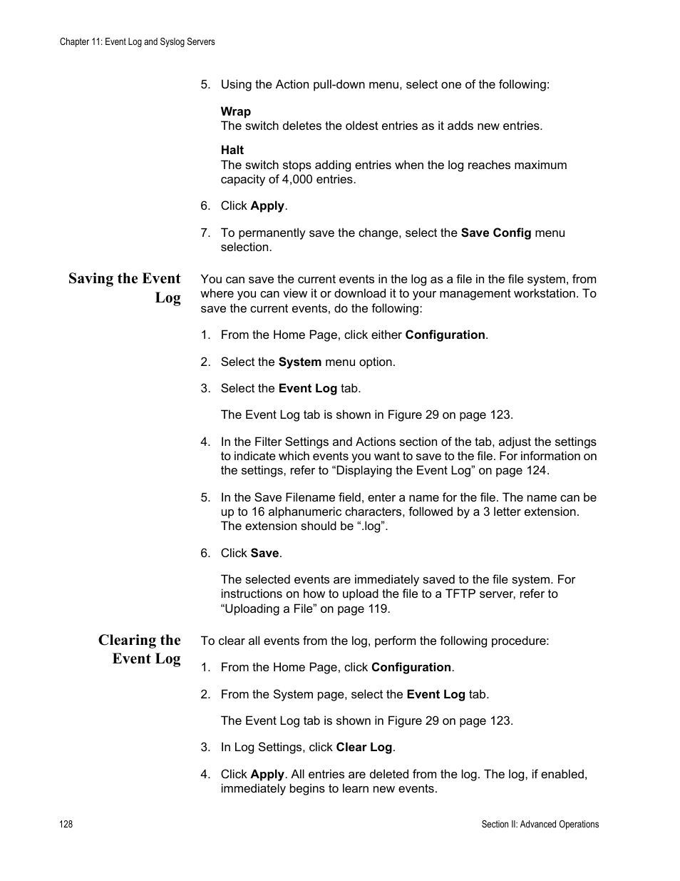 Saving the event log, Clearing the event log, Saving the event log clearing the event log | Allied Telesis AT-S62 User Manual | Page 128 / 372