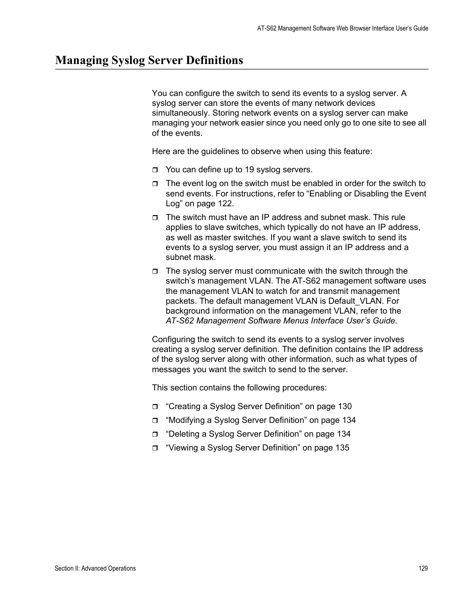 Managing syslog server definitions | Allied Telesis AT-S62 User Manual | Page 129 / 372
