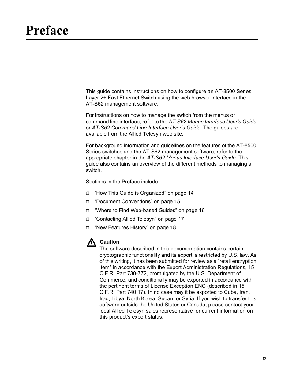 Preface | Allied Telesis AT-S62 User Manual | Page 13 / 372