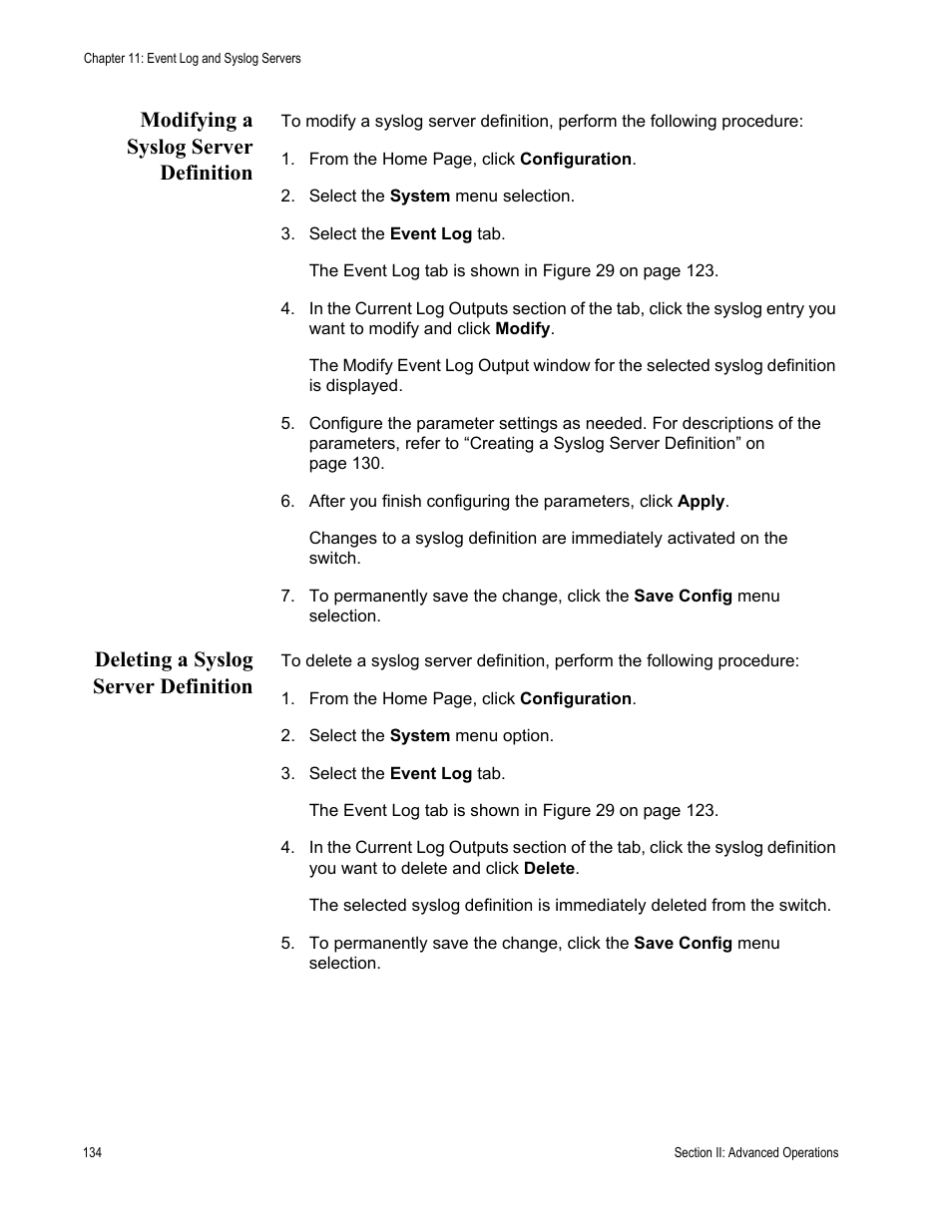 Modifying a syslog server definition, Deleting a syslog server definition | Allied Telesis AT-S62 User Manual | Page 134 / 372