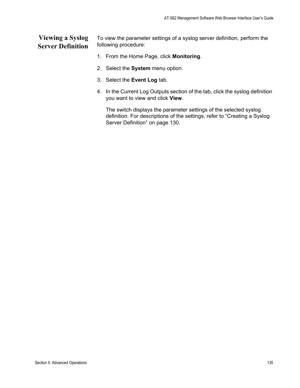 Viewing a syslog server definition | Allied Telesis AT-S62 User Manual | Page 135 / 372