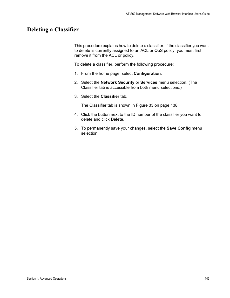 Deleting a classifier | Allied Telesis AT-S62 User Manual | Page 145 / 372