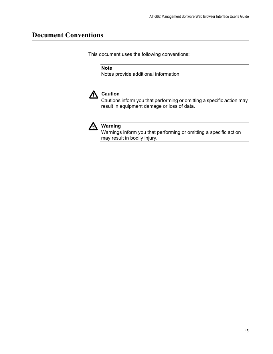 Document conventions | Allied Telesis AT-S62 User Manual | Page 15 / 372