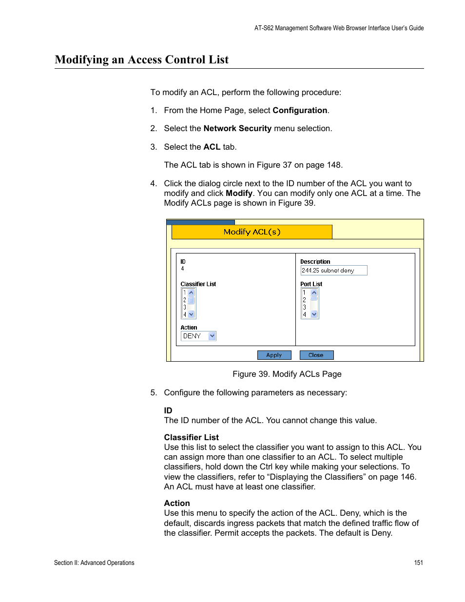 Modifying an access control list | Allied Telesis AT-S62 User Manual | Page 151 / 372