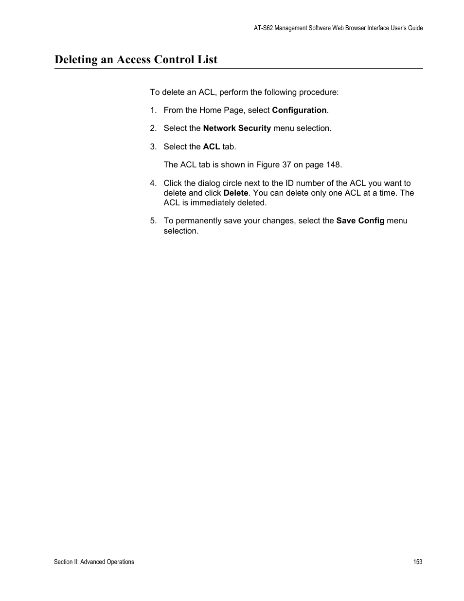 Deleting an access control list | Allied Telesis AT-S62 User Manual | Page 153 / 372