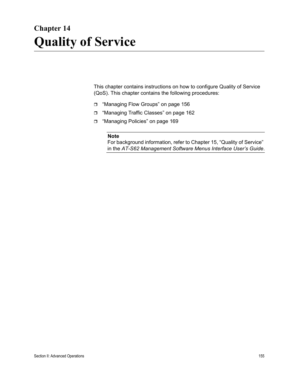 Chapter 14, Quality of service, Chapter 14: quality of service | Allied Telesis AT-S62 User Manual | Page 155 / 372
