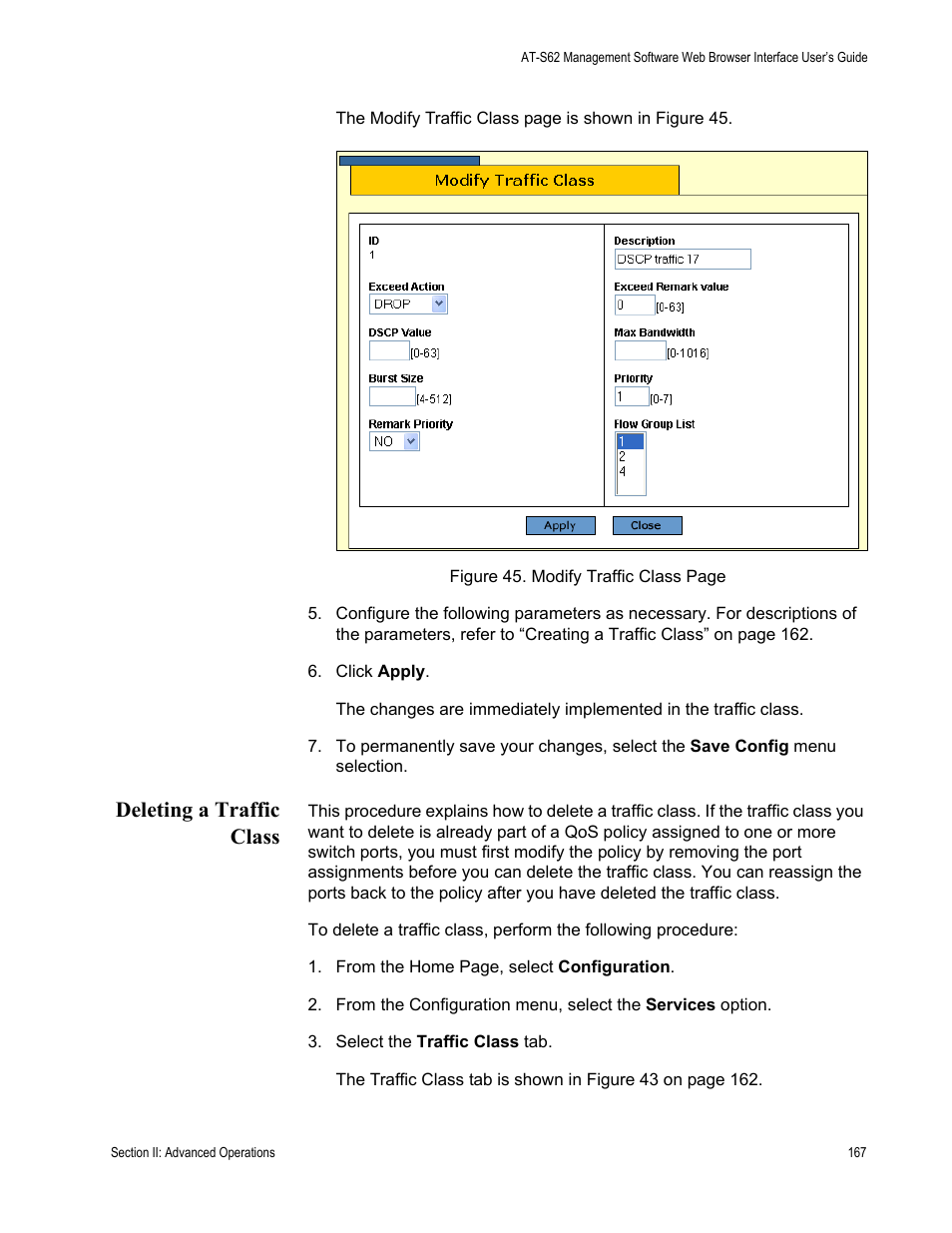 Deleting a traffic class | Allied Telesis AT-S62 User Manual | Page 167 / 372