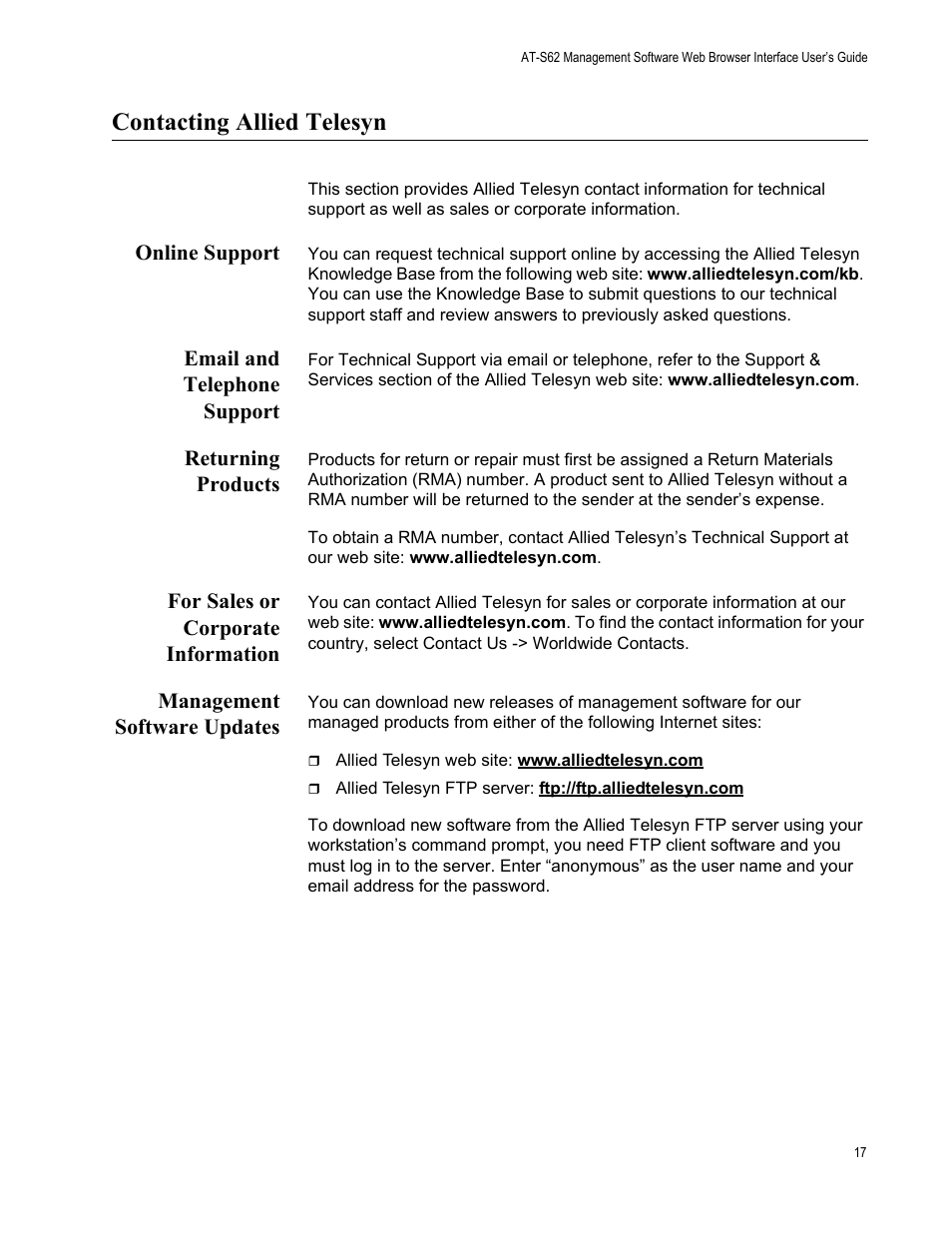 Contacting allied telesyn, Online support, Email and telephone support | Returning products, For sales or corporate information, Management software updates | Allied Telesis AT-S62 User Manual | Page 17 / 372
