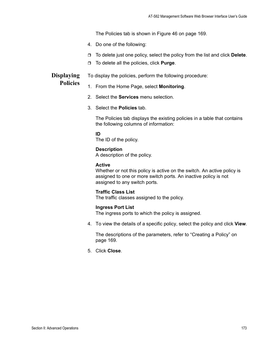 Displaying policies | Allied Telesis AT-S62 User Manual | Page 173 / 372
