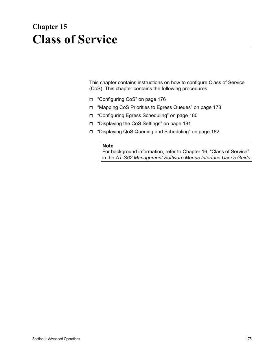 Chapter 15, Class of service, Chapter 15: class of service | Allied Telesis AT-S62 User Manual | Page 175 / 372