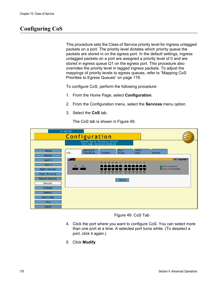 Configuring cos, Figure 49: cos tab | Allied Telesis AT-S62 User Manual | Page 176 / 372