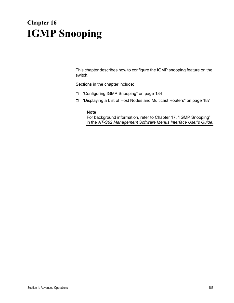 Chapter 16, Igmp snooping, Chapter 16: igmp snooping | Allied Telesis AT-S62 User Manual | Page 183 / 372