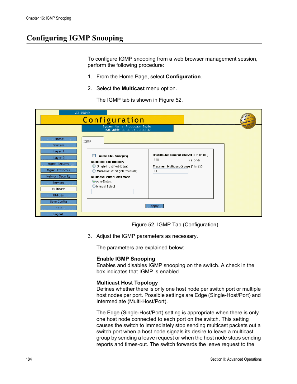 Configuring igmp snooping, Figure 52: igmp tab (configuration) | Allied Telesis AT-S62 User Manual | Page 184 / 372