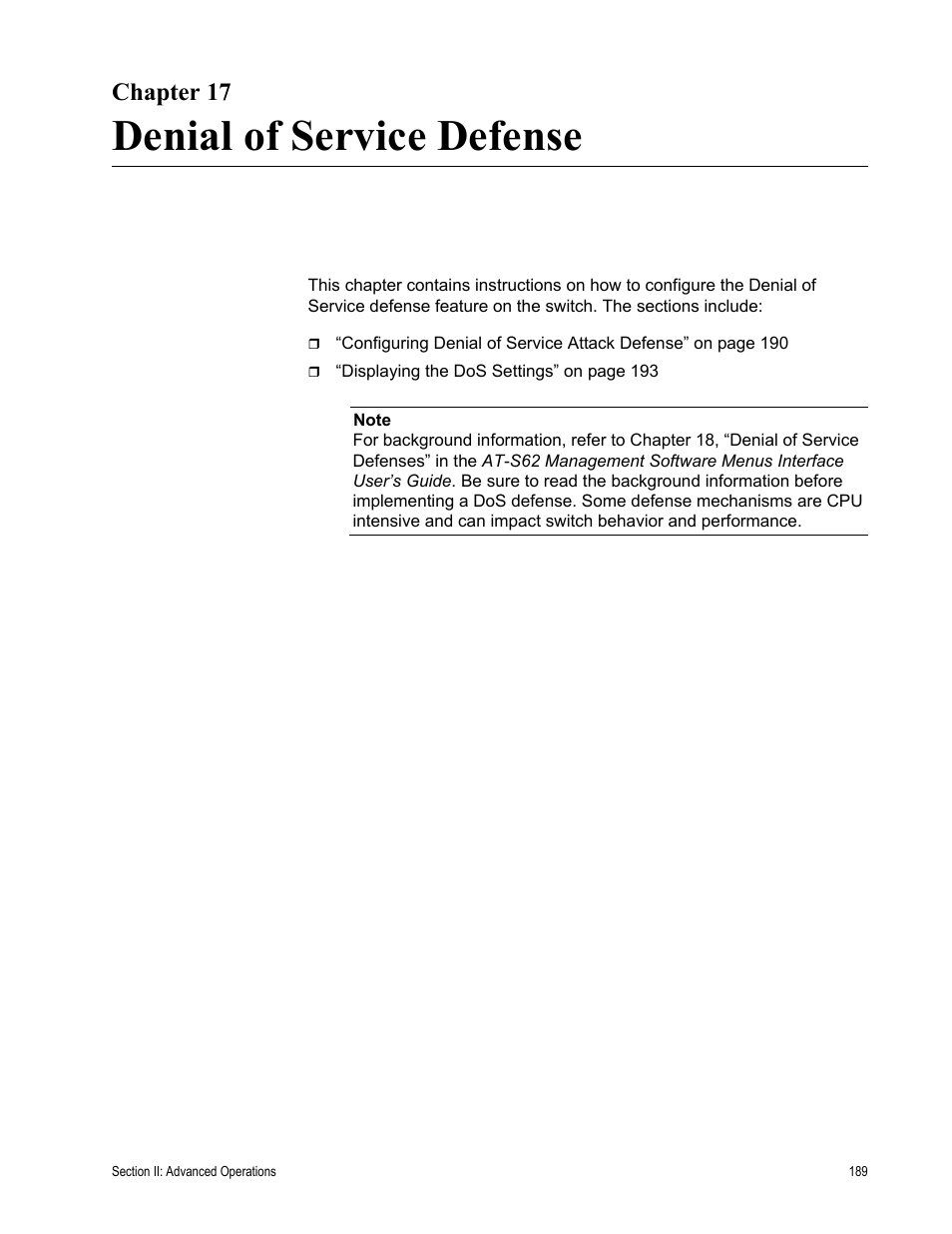 Chapter 17, Denial of service defense, Chapter 17: denial of service defense | Allied Telesis AT-S62 User Manual | Page 189 / 372