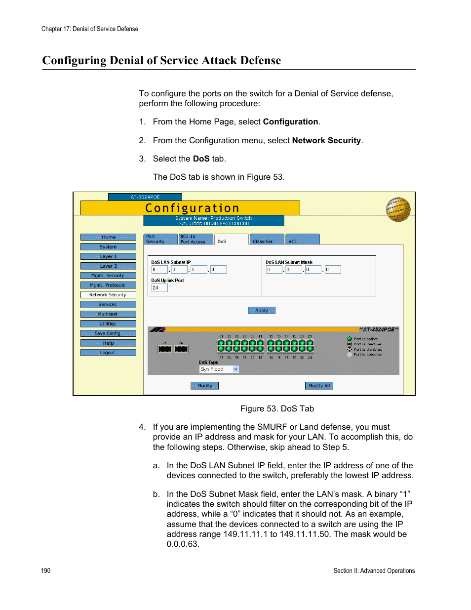 Configuring denial of service attack defense, Figure 53: dos tab | Allied Telesis AT-S62 User Manual | Page 190 / 372