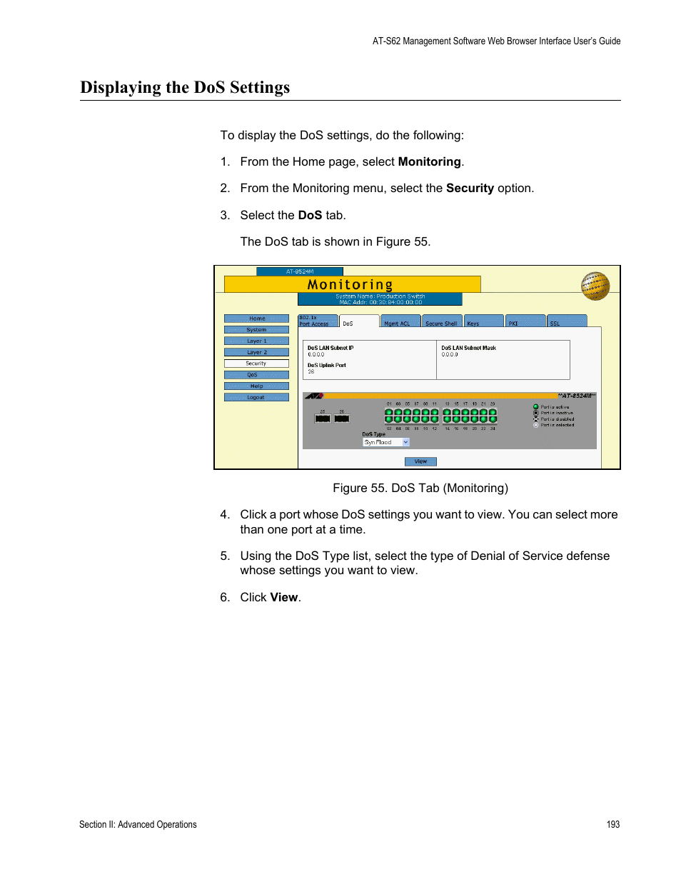 Displaying the dos settings, Figure 55: dos tab (monitoring) | Allied Telesis AT-S62 User Manual | Page 193 / 372