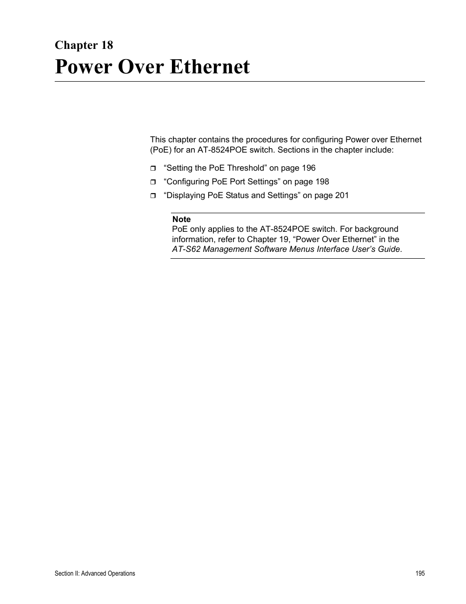 Chapter 18, Power over ethernet, Chapter 18: power over ethernet | Allied Telesis AT-S62 User Manual | Page 195 / 372